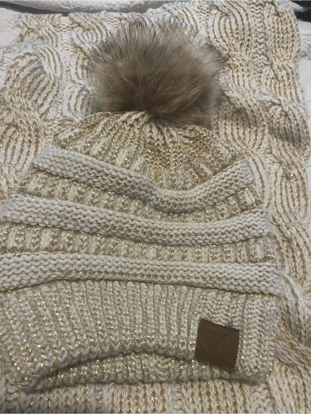 Sparkle Knit Beanie and Scarf Set - Cream with Gold Thread C.C Faux Fur Pom Pom